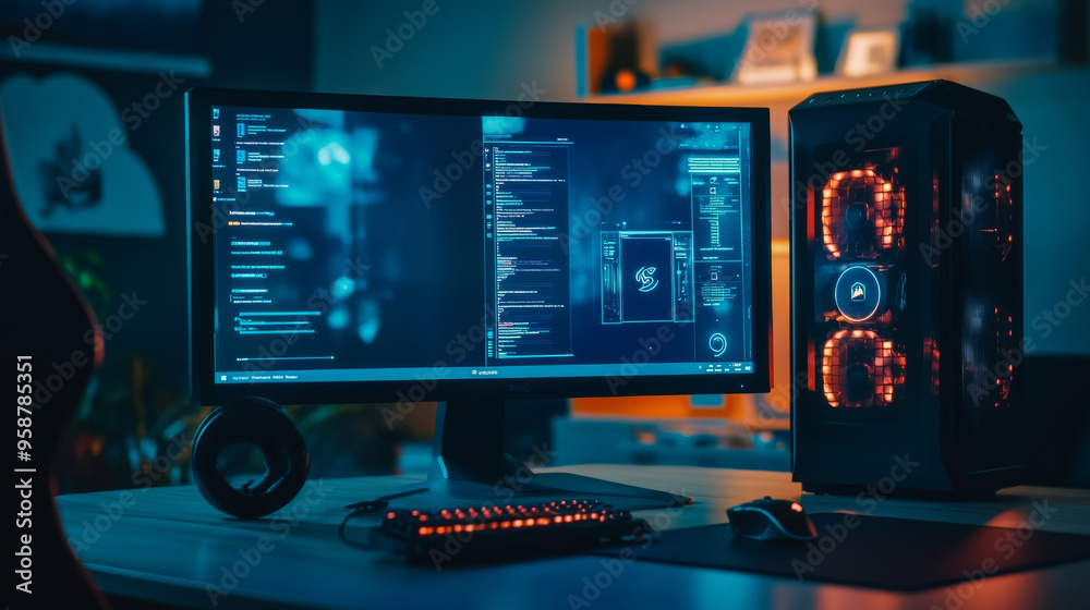 Poster a sleek, powerful desktop computer sits in a dark room. its gaming case is empty, except for a keybo