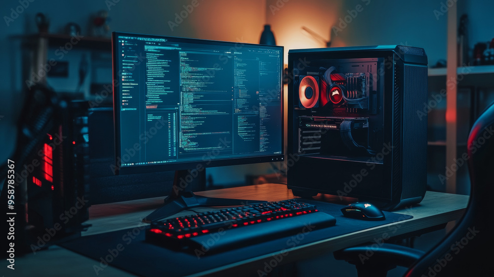 Poster a sleek, powerful desktop computer sits in a dark room. its gaming case is empty, except for a keybo