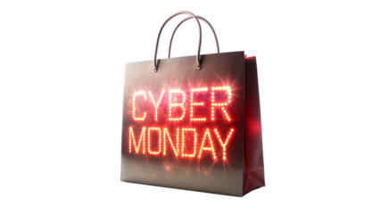 Vibrant shopping bag promoting Cyber Monday deals transparent