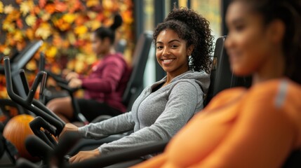 Thanksgiving workout session in an urban gym, people from diverse backgrounds using fitness equipment with fall-themed decor