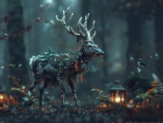 Fototapeta premium A mystical deer adorned with natural elements stands in a serene forest, illuminated by lanterns and surrounded by enchanting foliage.
