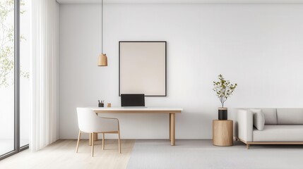 Fototapeta premium A modern office interior featuring a desk, chair, and minimalistic decor, perfect for workspace inspiration and design aesthetic.