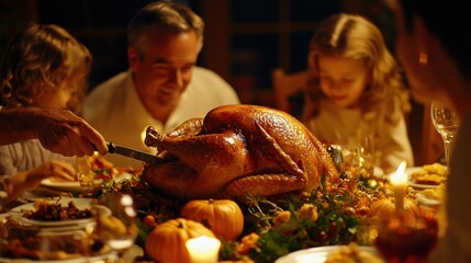 Obraz premium A close-up of a man carving a turkey at a Thanksgiving table surrounded by his family, the warm light reflecting off the polished silverware and the rich woodgrain of the table
