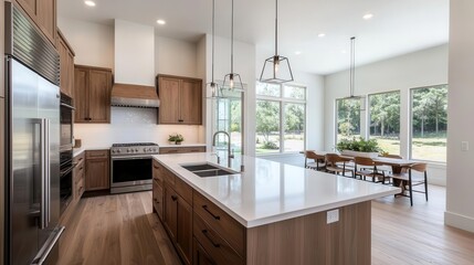 Modern kitchen featuring sleek cabinetry, spacious island, and large windows that invite natural light into the open space.