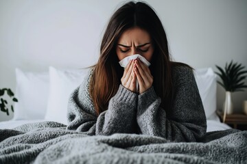 Person sitting in bed wrapped in a blanket, sneezing into a tissue, experiencing flu or cold symptoms, and seeking relief.

