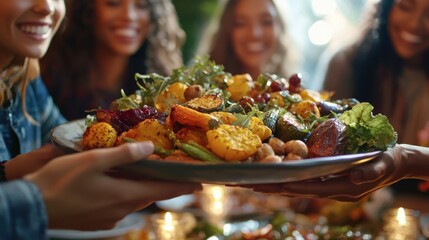 A close-up of hands passing a platter of roasted vegetables at a Thanksgiving dinner with a diverse group of people smiling and engaging in conversation