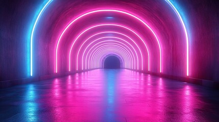 abstract neon backgroun of dynamic lines glowing in the dark room with floor reflection fluorescent ribbon