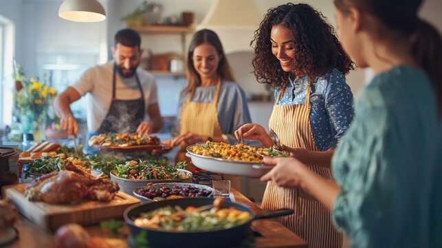 Friends from various ethnicities cooking Thanksgiving dishes in an open-plan kitchen bright natural light eco-friendly practices reflected in every aspect of the meal - Powered by Adobe