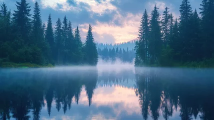 Wandcirkels Mistig bos A serene woodland landscape at dawn with a mist-covered lake reflecting the soft pastel colors of the sky the surrounding trees are tall and majestic creating a peaceful and enchanting atmosphere  © keetazalay