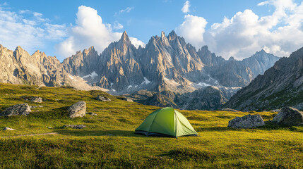This image features a green tent set on a grassy field at the base of sharp, towering mountains. The clear sky with some clouds enhances the natural beauty and sense of adventure.