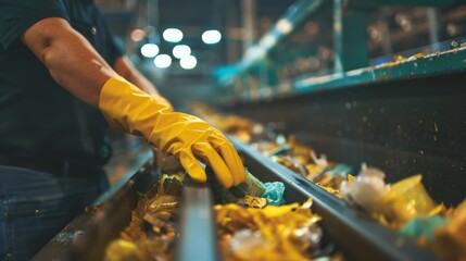 person with gloves separating waste or plastic in a recycling center