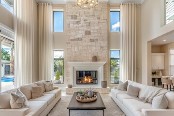Tall, elegant fireplace in upscale Florida living room with light beige walls, white ceiling, vertical stone tiles, large window with blue sky, comfortable sofas, and coffee table.