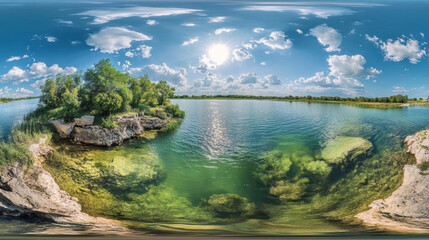 A stunning 360-degree view of a green lake or river surrounded by a limestone coast and forest. It's a summer day with beautiful clouds, perfect for virtual reality experiences.