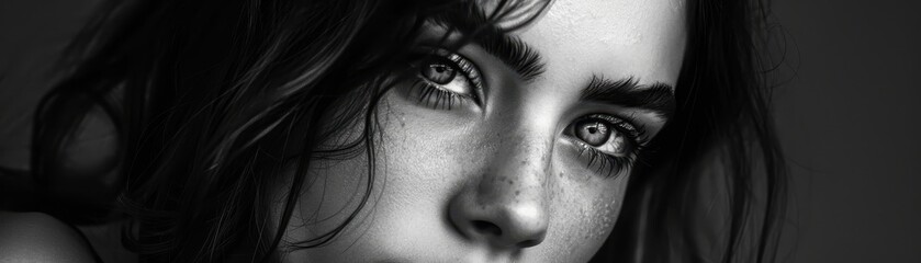 Obraz premium Close-up black and white portrait of a person with intense eyes and wavy hair, highlighting emotion and depth.