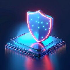 A glowing shield icon on top of a microchip, representing cybersecurity and data protection concept in a futuristic, digital illustration.