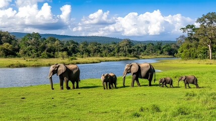 Obraz premium Elephants walk through a river in the African savanna, with adults guiding a baby elephant near a waterhole on a bright, sunny day