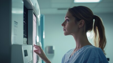 Obraz premium A medical technician carefully adjusting a mammography machine, preparing to conduct a breast cancer screening for a female patient, who is standing nearby in a hospital gown, with a focus on the