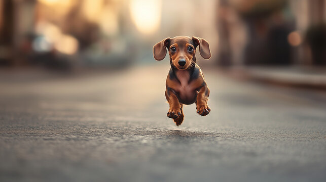 A little dachshund puppy runs down the street, looking playful and energetic