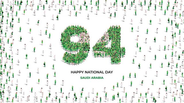 September 23 Happy National Day Saudi Arabia Design. A large group of people form to create the number 94 as KSA celebrates its 94th National Day on the 23rd of September. 4K Video animation.