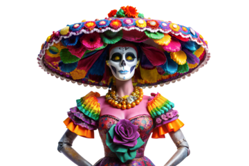 Vibrant Día de los Muertos costume showcased transparent
