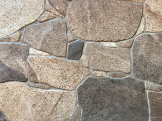 Natural earthy stone wall texture, raw exposed cobblestone and grunge in random slab cut and brown...