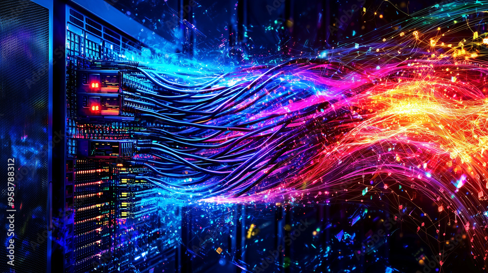 Poster Telecommunication Ethernet Cables Connected to Internet. server room with vibrant neon data streams, symbolizing high-tech connectivity and speed.
