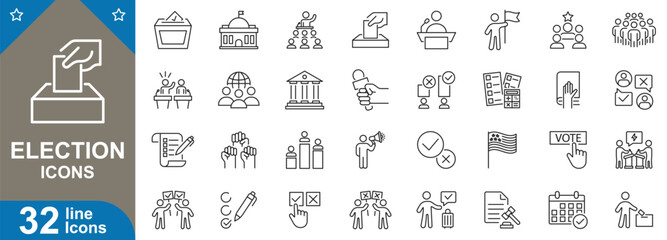 Election icons set. Voting, ballot, us, democracy, polling station, results, freedom, candidate, electoral process and more. vector illustrator.