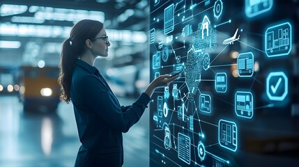 Businesswoman Using Digital Interface with Connected Smart Home and Logistics Icons