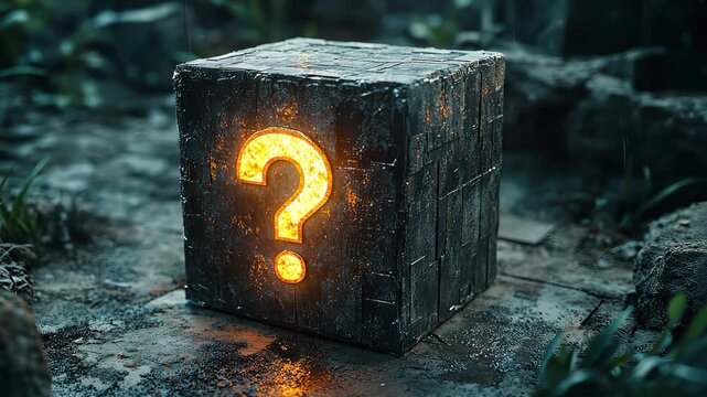 Glowing question mark appearing on mysterious cube