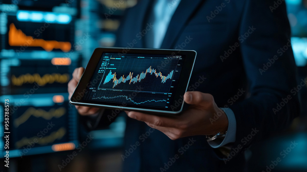 Poster a businessman is holding a tablet that shows a graph of rising stock prices. this image represents f