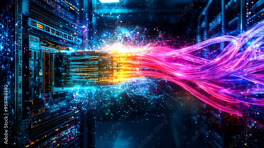Poster telecommunication ethernet cables connected to internet. server room with vibrant neon data streams,
