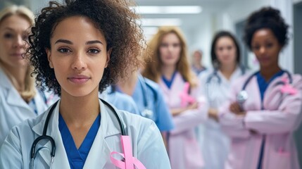 Fototapeta premium A vibrant photo of a group of healthcare professionals, including doctors and nurses, standing together in a hospital hallway, each wearing a pink ribbon, with serious but determined expressions,