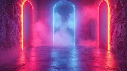 abstract neon backgroun with pink an blue neon lines an reflection on the floor