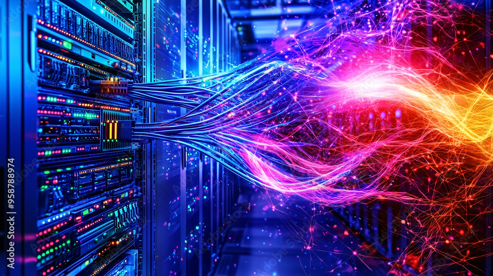 Poster Telecommunication Ethernet Cables Connected to Internet. server room with vibrant neon data streams, symbolizing high-tech connectivity and speed.