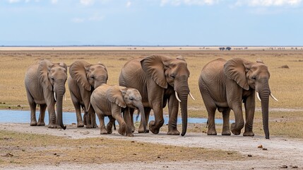 Fototapeta premium Elephants walk through a river in the African savanna, with adults guiding a baby elephant near a waterhole on a bright, sunny day