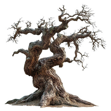 Large old tree with gnarled roots and twisted branches, cut out