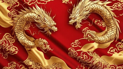 Fototapeta premium High-resolution digital rendering of a silk pattern featuring intricate dragon and phoenix motifs in gold and red. The design is perfect for luxurious, culturally inspired textiles.