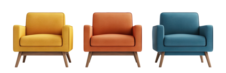 Set of colorful modern chairs in yellow, orange, and blue, cut out