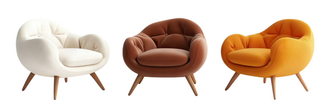 Set of three modern rounded chairs in cream, brown, and orange, cut out