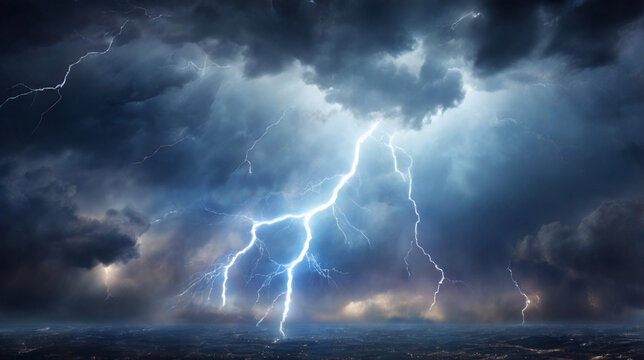 A stormy sky with multiple cloud to ground lightning strikes,  flashes of lightning and the rumble of thunder, showcasing the power of a storm.