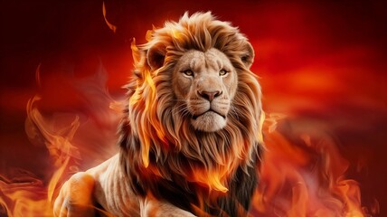 Naklejka premium A lion with glowing fire flames and smoke on burning background. Brave, Proud concepts.