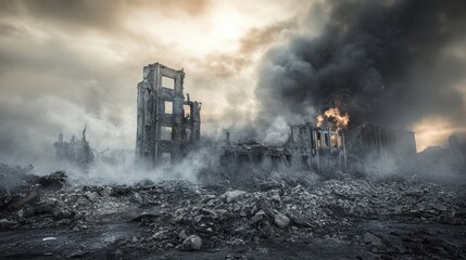 Fototapeta premium The remnants of a building stand in stark contrast against the smoky sky, revealing the destructive aftermath of a recent fire. Ash and debris cover the ground