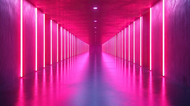 abstract panoramic backgroun of loope dynamic neon lines glowing in the dark room with floor reflection virtual fluorescent ribbon loop fantastic minimalist wallpaper