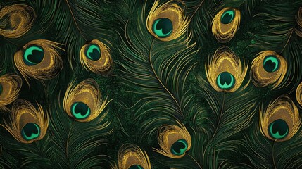 Obraz premium High-resolution digital rendering of a Thai silk pattern with intricate peacock feather motifs in green and gold. The design is ideal for luxurious fabric or wallpaper applications.