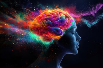A vibrant explosion of colors representing the brain, creating an artistic representation on a black background Generative AI