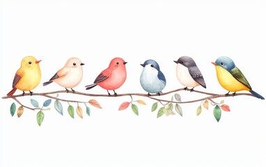 Fototapeta premium 2D artwork, colorful birds perched on a branch, flat design illustration
