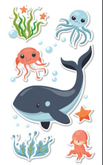 2d vector illustration colorful cute sea fish whale and dolphin pattern 
