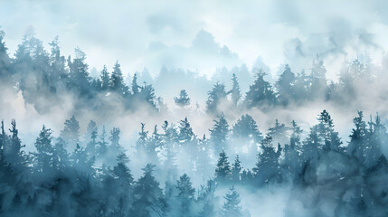 Watercolor foggy forest landscape illustration. Wild nature in wintertime.