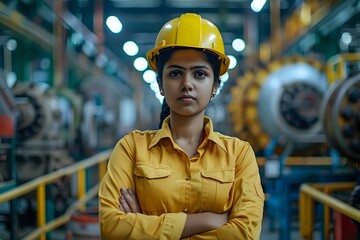 confident female engineer in an orange work uniform and hard hat standing in an industrial facility. Ideal for themes of women in STEM, engineering, industrial work, and gender diversity in the work