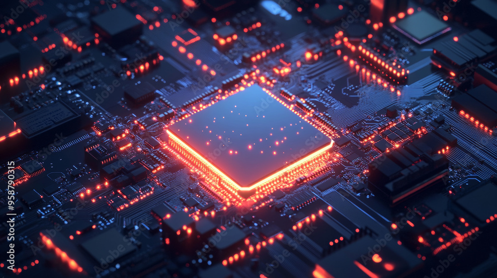 Poster a computer chip with built-in artificial intelligence. the ai is directly on the chip, connected to 